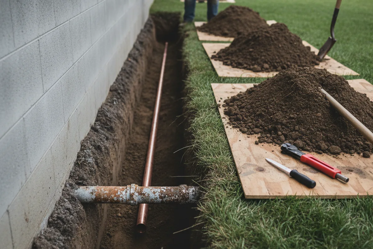 Excavated water line trench during Water Softener Installation in West Hempstead
